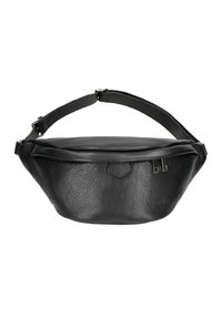 Černá kožená ledvinka s texturovaným povrchem, zipovým uzávěrem a nastavitelným popruhem. Disponuje stříbrnými kovovými detaily a minimalistickým brandingem.