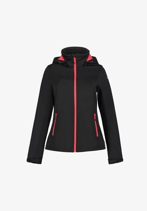 Veste softshell noire avec un design ajusté, fermeture éclair et accents rose contrastants, col haut et deux poches latérales zippées.