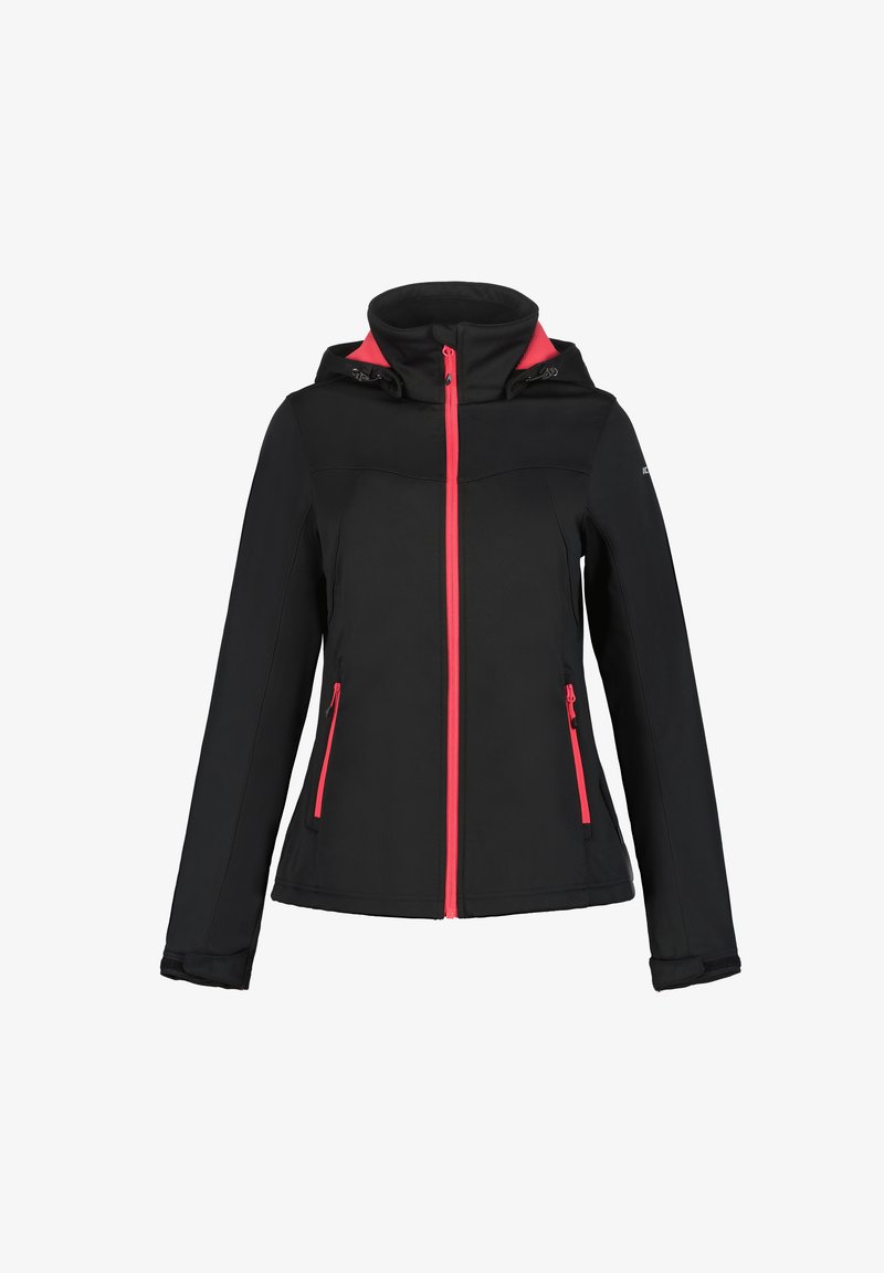 Black softshell jacket with a fitted design, contrasting pink zipper and accents, high collar, and two zippered side pockets.