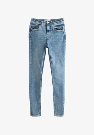 Úzké modré džínové kalhoty s pěti kapsami, bledou texturou a kontrastním prošíváním. Obsahují přední zapínání na knoflík a poutka na opasek.