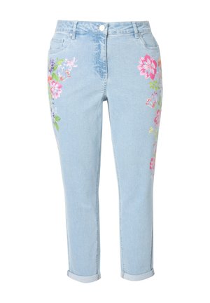 Light blue denim jeans with floral embroidery in pink, purple, and green on both legs; classic five-pocket design with cuffed hems.