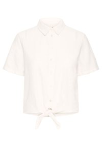 Camicia bianca a maniche corte realizzata in tessuto leggero, con colletto, chiusura a bottoni e dettaglio di nodo legato all'orlo.