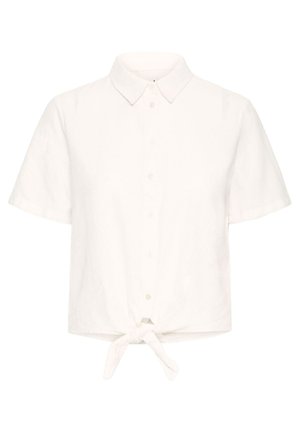 Hvid kortærmet skjorte lavet af letvægtsstof, med krave, knaplukning foran og en bundknude detalje.