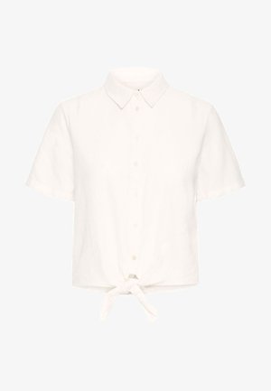 Hvid kortærmet skjorte lavet af letvægtsstof, med krave, knaplukning foran og en bundknude detalje.