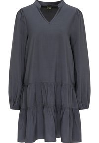Dunkelgraues langärmliges Kleid mit V-Ausschnitt, gerafften Puffärmel und einem gestuften Rüschensaum. Hergestellt aus glattem Stoff und bietet eine lockere Passform.