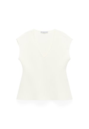 Weißes kurzärmeliges Oberteil mit V-Ausschnitt, hergestellt aus strukturiertem Strickstoff. Verfügt über eine lockere Passform und einen ausgestellten Saum.