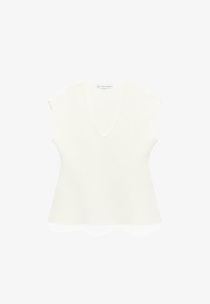 Witte top met korte mouwen en een V-hals, gemaakt van gestructureerde gebreide stof. Heeft een losse pasvorm en een uitlopende zoom.