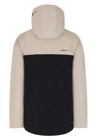 Beige- und schwarze Jacke aus wasserdichtem Material, mit Kapuze, kontrastierenden Farbkblocks und Marken-details auf dem oberen Rücken.