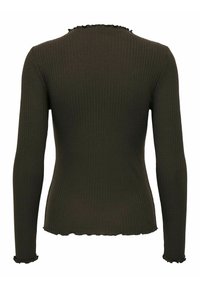 Long-sleeve, dark green ribbed top with a fitted design, frill accents at the neckline and cuffs, and a cropped hem.