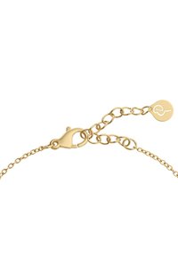 Kultaketju, jossa on hummerilukko ja säädettävät lenkit, varustettu pienellä pyöreällä riipuksella, johon on kaiverrettu tyylitelty "e"-logo.