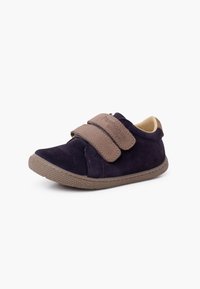 Dark navy suede shoe with a brown velcro strap. Rounded toe, stitched detailing, and a textured rubber sole for grip.