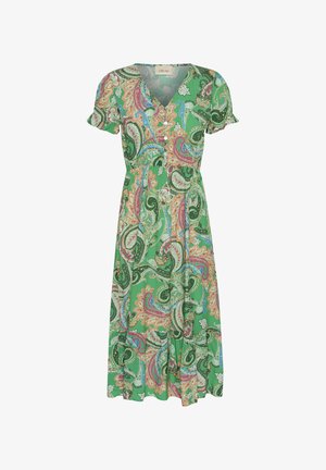 Zelena haljina s paisley uzorkom, V izrezom, kratkim nabranim rukavima i lepršavim rubom, napravljena od lagane tkanine. Istaknuti višebojni akcenti.