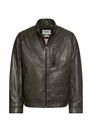 Braune Lederjacke mit einem Frontreißverschluss, gesteppter Schulterverzierung und zwei Seitentaschen. Verfügt über eine Brusttasche mit Reißverschluss.