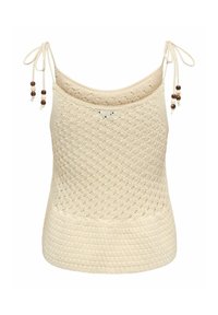 Haut sans manches beige en maille avec bretelles à nouer ornées de perles en bois et motif texturé sur le corps principal et l'ourlet inférieur.