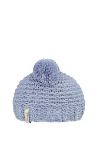 Light blue knitted beanie hat with a textured pattern and a fluffy pom-pom on top. Small tag attached displays brand name.