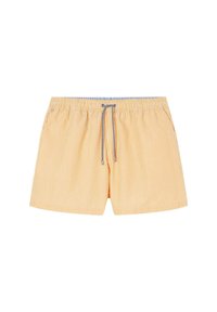 Shorts de bain rayés jaunes et blancs avec une taille élastique, fermeture à cordon de serrage et coupe décontractée. Texture lisse, design décontracté.