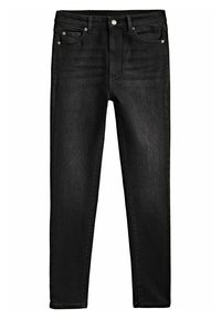 Svarta denimjeans med smal passform, fem fickor, metallknappstängning och subtila blekningar på framsidan för textur.