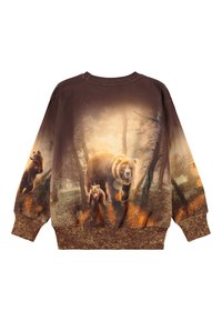Felpa marrone con grafica di un orso e un cucciolo, su uno sfondo di foresta. Tessuto morbido, maniche lunghe e scollatura arrotondata.