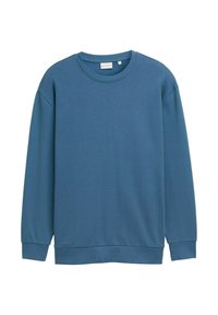 Niebieska bawełniana bluza z długimi rękawami i okrągłym dekoltem. Posiada ściągacze przy mankietach i na dolnym końcu, gładką teksturę oraz luźny krój.