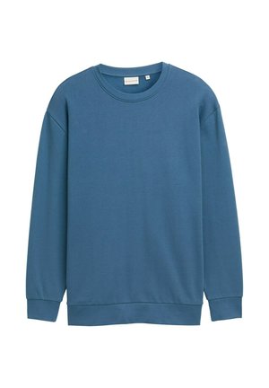 Dresul albastru din bumbac cu mâneci lungi și guler rotund. Prezentă manșete și tiv ribbenat, textură netedă și o croială lejeră.