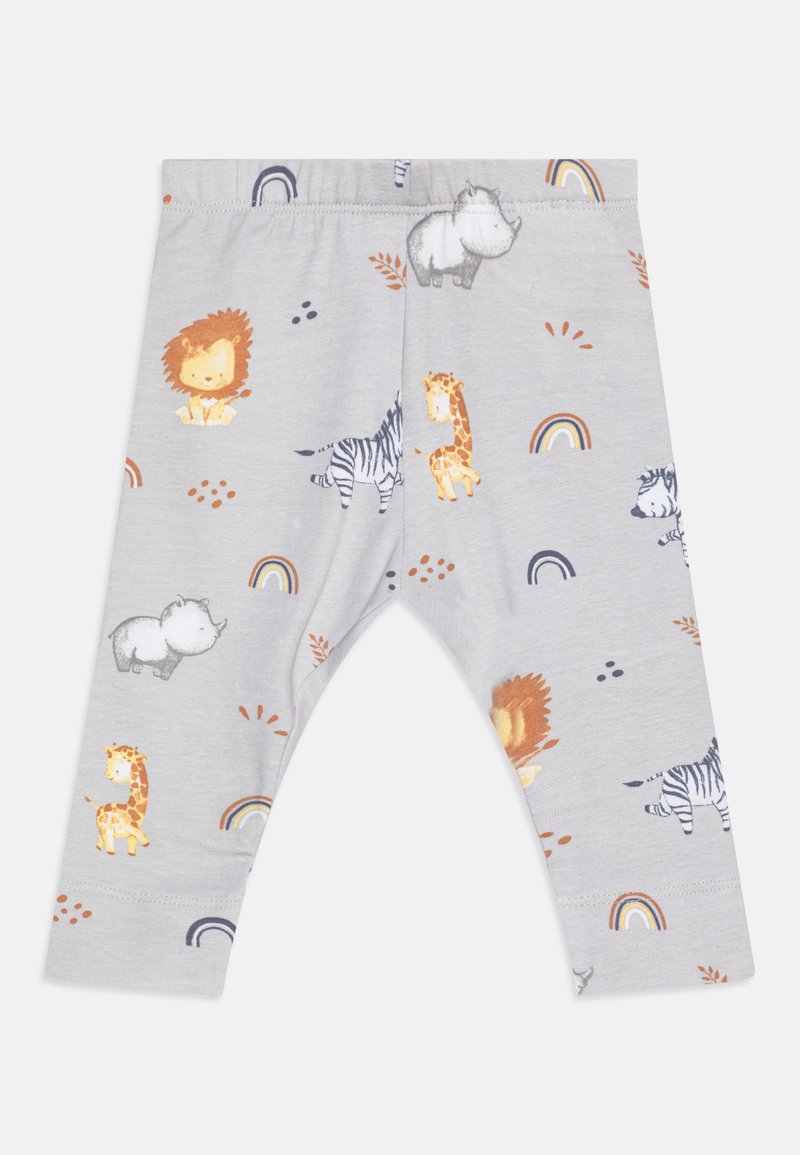 Light gray leggings featuring animal prints (lion, giraffe, zebra, rhino) and rainbows; soft cotton material; elastic waistband.