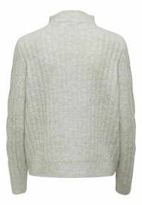 Light gray ribbed sweater with a high neck, featuring long sleeves and a tapered bottom hem. Made from soft fabric with a textured finish.
