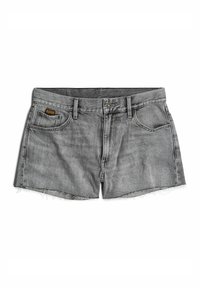 Harmaat farkkushortsit, joissa on revitty helma, viiden taskun muotoilu ja logotunnus edessä. Varustettu nappikiinnityksellä ja vyölenkeillä.