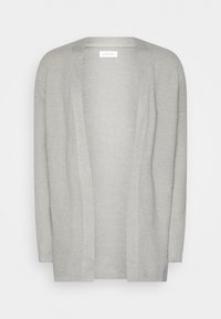 Ljusgrå öppenstickad cardigan med långa ärmar och ribbad kant, märkt Pier One.