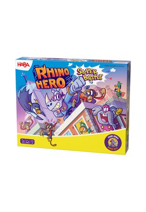 Colorful board game box with cartoon characters including a rhino, monkey, elephant, bird, and giraffe, titled "Rhino Hero Super Battle."