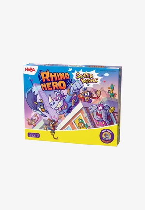 Colorful board game box with cartoon characters including a rhino, monkey, elephant, bird, and giraffe, titled "Rhino Hero Super Battle."