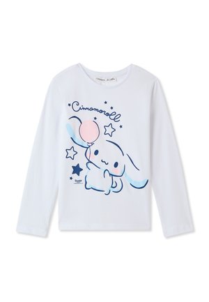 T-shirt bianco a maniche lunghe con grafica di Cinnamoroll, palloncini pastello e stelle nei colori blu e rosa. Tessuto di cotone morbido e liscio.