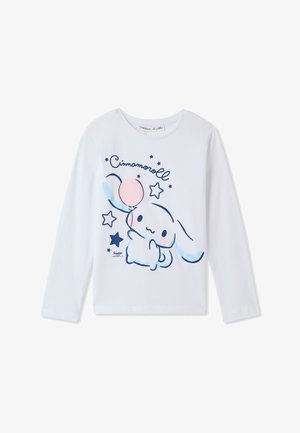 T-shirt bianco a maniche lunghe con grafica di Cinnamoroll, palloncini pastello e stelle nei colori blu e rosa. Tessuto di cotone morbido e liscio.