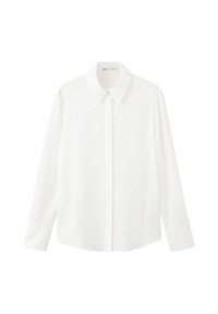 Chemise blanche à manches longues avec col pointu et boutons cachés sur le devant, présentée sur un fond uni.