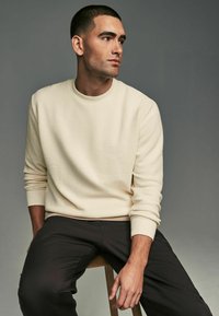Cremefarvet sweatshirt med tekstur, rund halsudskæring og ribbede manchetter, parret med mørke bukser. Model siddende på en træbarstol mod en grå baggrund.