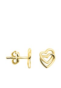 Goldbeschichtete Steckerohrringe mit zwei ineinander verschlungenen Herzformen. Glatte Oberfläche mit poliertem Finish und sicheren Steckverschlüssen.