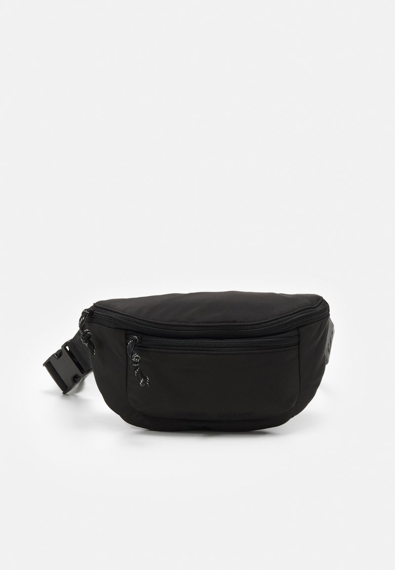 Black fanny pack made of durable nylon, featuring a curved shape, zippered compartments, and adjustable strap with secure buckle.