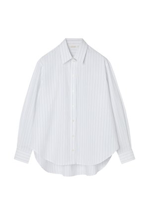 Cămașă albă cu mâneci lungi, cu nasturi, dungile gri verticale subțiri, guler ascuțit și tiv curbat.