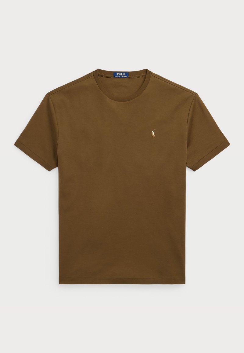 Brązowa bawełniana koszulka z okrągłym dekoltem, krótkimi rękawami i małym haftowanym logo na piersi. Gładka tekstura, casualowy design.