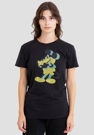 Black cotton t-shirt featuring a colorful, stylized Mickey Mouse graphic in yellow and blue. Short sleeves, round neckline, casual fit.