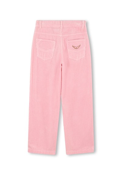 Roze corduroy broek met een geribbelde textuur, wijde pijpen en achterzakken met een klein geborduurd design.