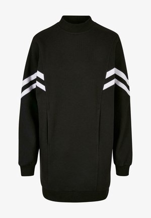 Sudadera negra de manga larga con puños acanalados, cuello alto y dos franjas diagonales blancas en cada parte superior del brazo.