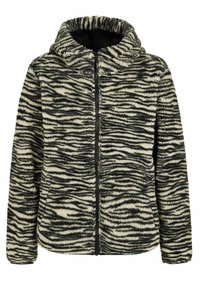 Fleece zip-up jack met een zebra-streeppatroon in zwart en crème, met een capuchon en een gestructureerd, zacht materiaal.