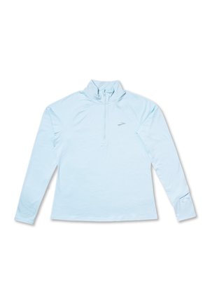 Lichtblauwe lange mouwen sportpullover met kwartritssluiting en klein logo op de linkerborst, plat gelegd op een witte achtergrond.