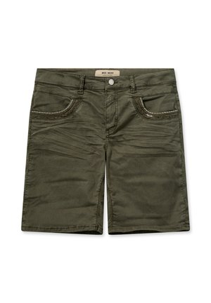 Oliven grøn knælange shorts med forlommer, bæltestropper, knaplukning og subtile syninger langs lommekanterne.