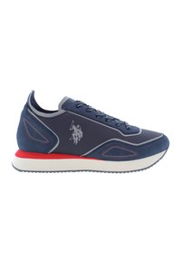 Navy athletic shoe with a smooth texture, gray accents, red heel, and a logo on the side. Features a lace-up closure and rubber sole.