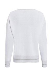 Weißer Strickpullover mit langen Ärmeln, weitem Ausschnitt und grauen gestreiften Akzenten an den Bündchen und dem Saum. Strukturierter Stoff.