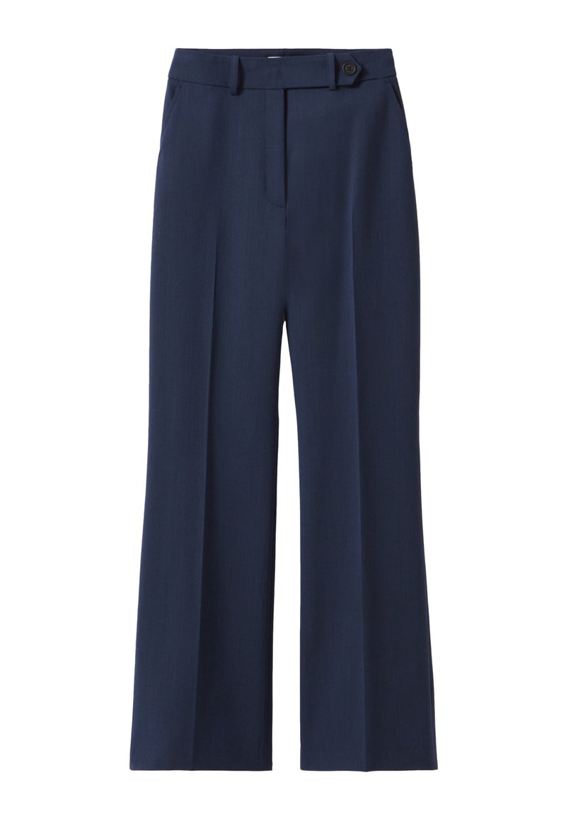 Navy weit geschnittene Hose aus glattem Stoff, mit einer vorderen Falte, Gürtelschlaufen, einem Knopfverschluss und einem taillierten Design.