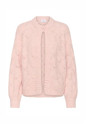 Mīksts rozā adīts kardigans ar dimanta formas atvērumu rakstu, ribaina apkakle, aproces un apakša, un viena pogu pie kakla izgriezuma.