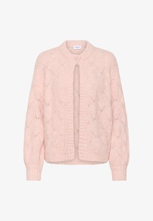 Měkký růžový pletený kardigan s diamantovým vzorem otevřeného pletení, žebrovaným límcem, manžetami a lemem a jedním knoflíkem u krku.