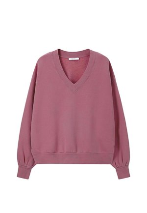 Sweat-shirt mauve à manches longues avec col en V, poignets et ourlet côtelés, présenté sur un fond blanc.